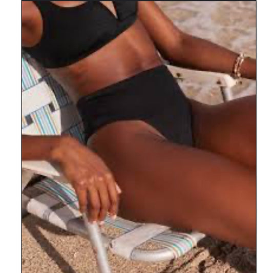 Aerie Split Side High Cut Cheeky Bikini Bottom – Black – Size L -NWT